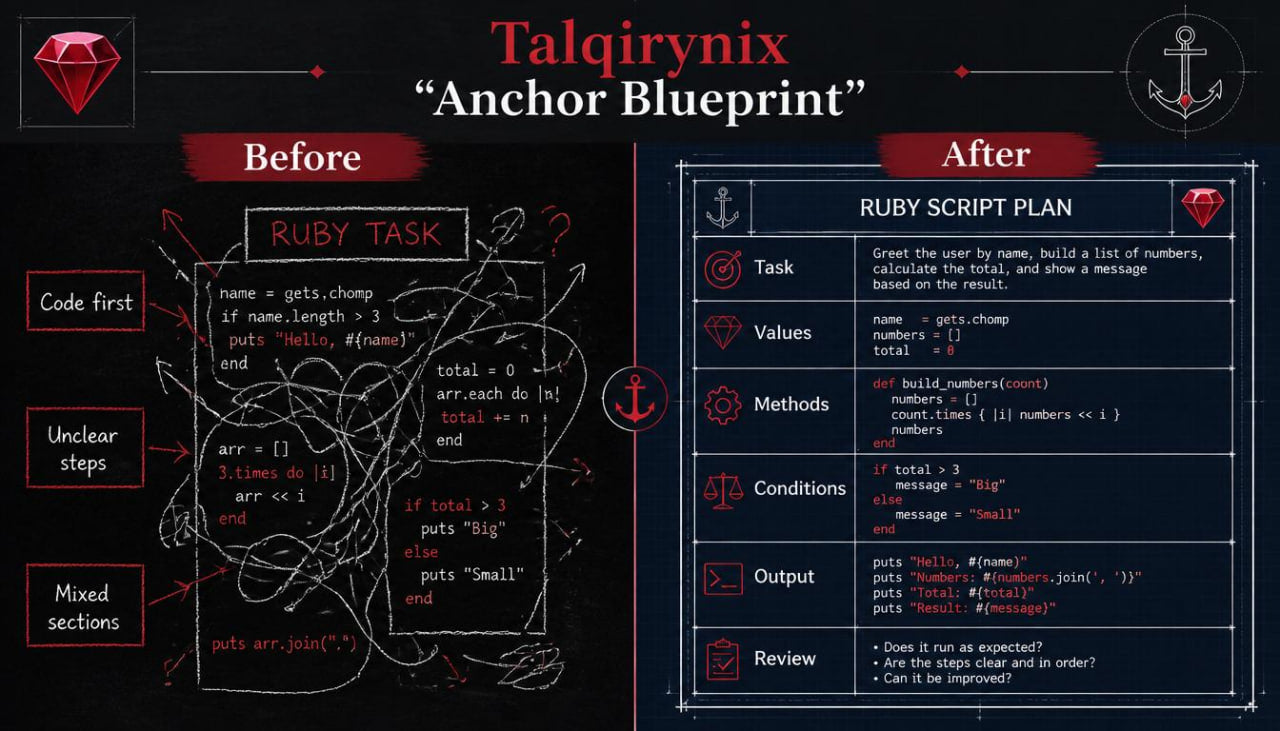 A black presentation-style graphic titled 'Talqirynix "Anchor Blueprint"' comparing a messy 'Before' Ruby script planning page with a structured 'After' Ruby script plan. Red and white text and diagrams are used, with anchor and gem motifs in the corners.