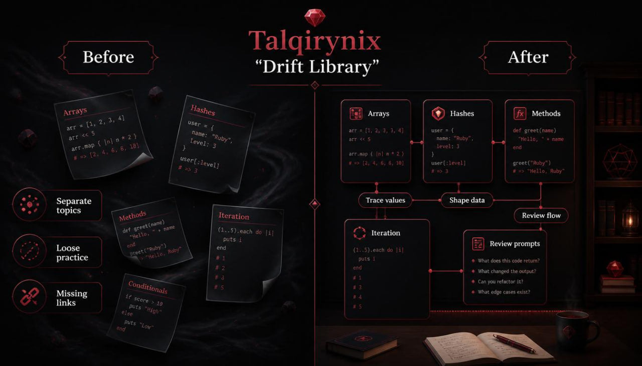 A dark promotional graphic for 'Talqirynix Drift Library' showing a before-and-after comparison of JavaScript array manipulation practices. The left side, labeled 'Before', displays loose, scattered code snippets on sticky notes with text like 'Arrays', 'Loose practice', and 'Missing links'.