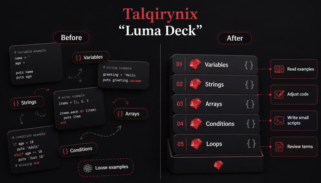 A promotional infographic for the Talqirynix 'Luma Deck' showing a dark-themed 'Before' and 'After' comparison. The left side, labeled 'Before', displays a list of JavaScript programming concepts like Variables, Strings, Arrays, and Loops in dark cards with red accents.