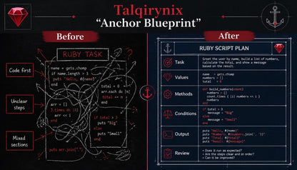 A black presentation-style graphic titled 'Talqirynix "Anchor Blueprint"' comparing a messy 'Before' Ruby script planning page with a structured 'After' Ruby script plan. Red and white text and diagrams are used, with anchor and gem motifs in the corners.