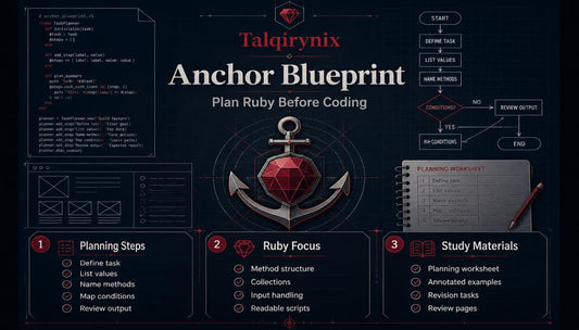 A promotional graphic for the 'Anchor Blueprint' by Talqirynx, a digital guide for planning Ruby programming tasks. The design features a dark navy background with a central red gem and anchor emblem, surrounded by diagrams, code snippets, a checklist, and a study worksheet layout.