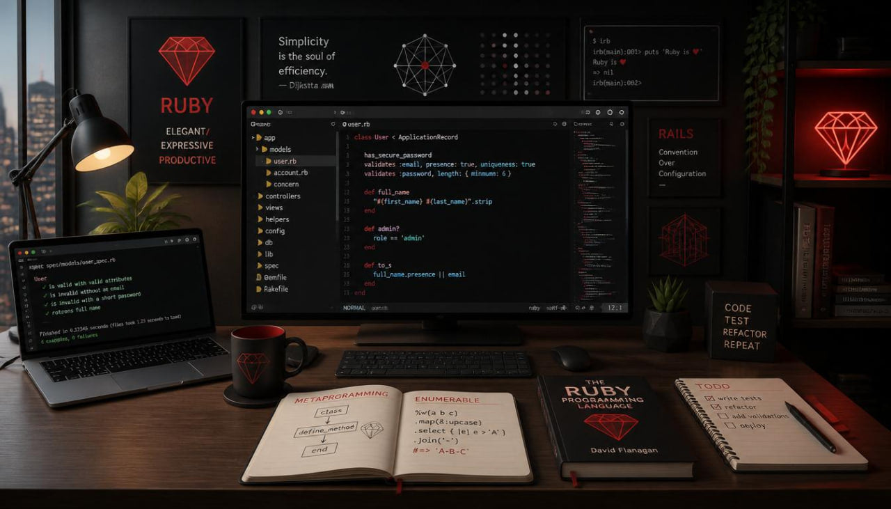 A styled coding desk setup in a dark room, featuring a computer monitor with Ruby code, an open laptop, notebooks, a mug, and books on a wooden desk, with a glowing red diamond sign in the background.