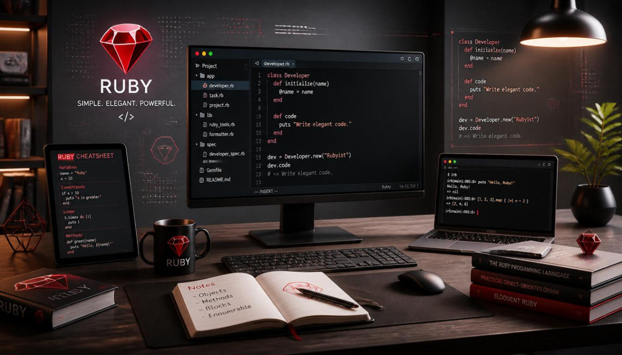 A dark, professionally styled workspace setup featuring multiple computer monitors, a laptop, an open notebook, a mug, and books on a wooden desk. The screens and the background prominently display the Ruby programming language logo and code interfaces.