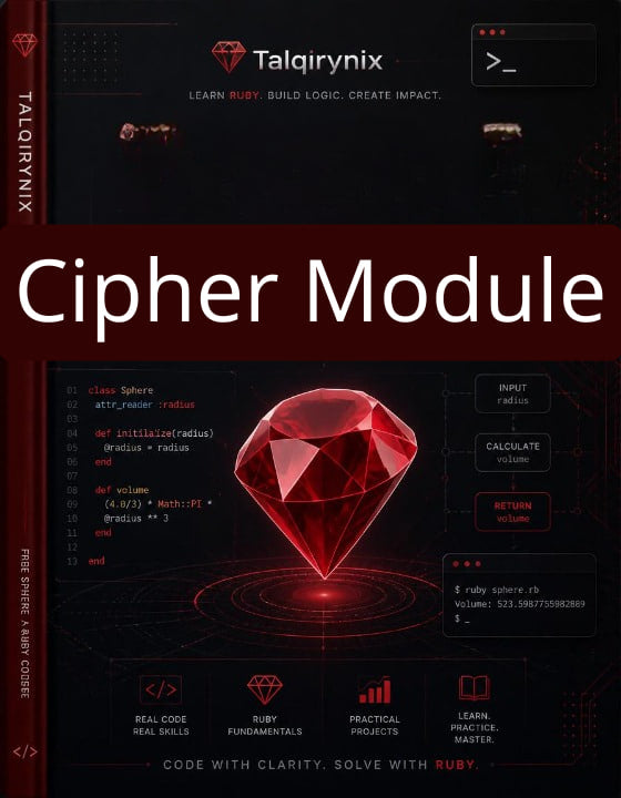 Digital cover art for a 'Cipher Module' by Talqirynix, featuring a large red diamond graphic on a dark interface background with Ruby code snippets and text.