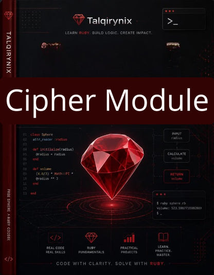 Digital cover art for a 'Cipher Module' by Talqirynix, featuring a large red diamond graphic on a dark interface background with Ruby code snippets and text.