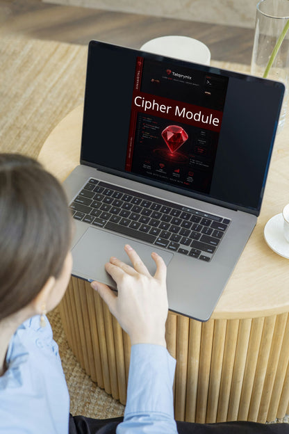 A person in a light blue shirt uses a silver laptop on a round wooden table. The laptop screen displays a software interface titled 'Cipher Module' with a red gem icon.