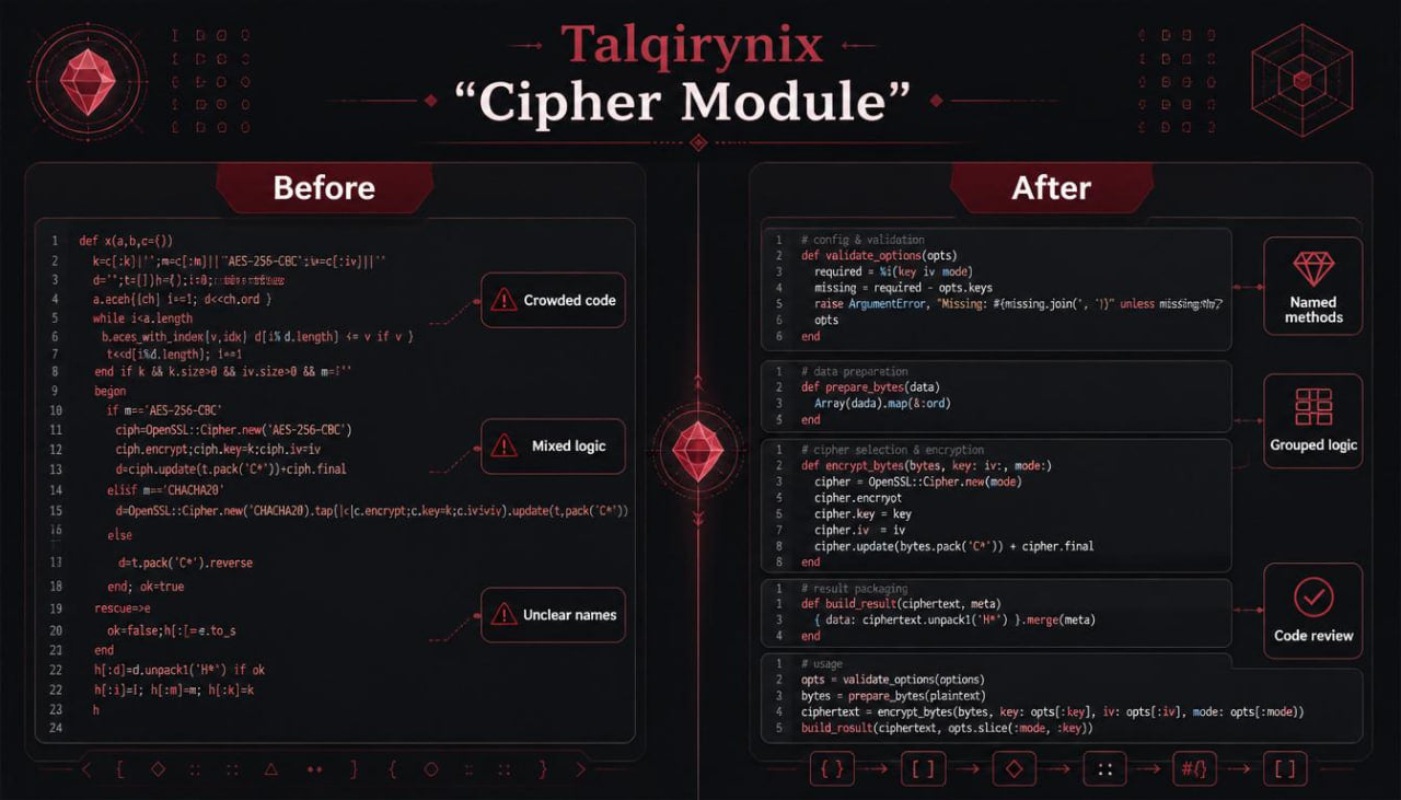 A dark promotional graphic for Talqirynix's 'Cipher Module' showing a side-by-side 'Before' and 'After' comparison of code organization. The left panel, labeled 'Before', shows cluttered code with warning icons and the text 'Crowded code', 'Mixed logic', and 'Uniclar names'.
