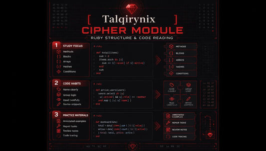 A digital cover or preview for a 'Talqirynix Cipher Module' focused on Ruby structure and code reading, featuring a dark red and black cyberpunk design with text and code blocks.