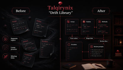 A dark promotional graphic for 'Talqirynix Drift Library' showing a before-and-after comparison of JavaScript array manipulation practices. The left side, labeled 'Before', displays loose, scattered code snippets on sticky notes with text like 'Arrays', 'Loose practice', and 'Missing links'.
