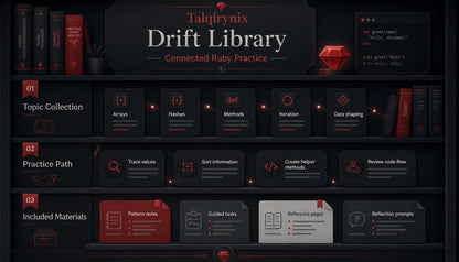 A promotional graphic for 'Taqiyrixn Drift Library Connected Ruby Practice' showing a dark bookshelf-style interface with sections labeled Topic Collection, Practice Path, and Included Materials, plus Ruby-themed icons and a red gem graphic.