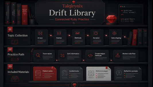 A promotional graphic for 'Taqiyrixn Drift Library Connected Ruby Practice' showing a dark bookshelf-style interface with sections labeled Topic Collection, Practice Path, and Included Materials, plus Ruby-themed icons and a red gem graphic.