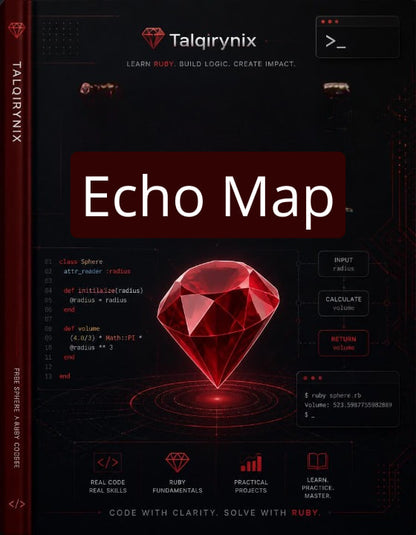 A dark promotional graphic for a Ruby programming course or book titled 'Echo Map' by Talqirynix. The design features a large red diamond illustration in the center, Ruby code snippets, and a dark futuristic interface background with red text and buttons.