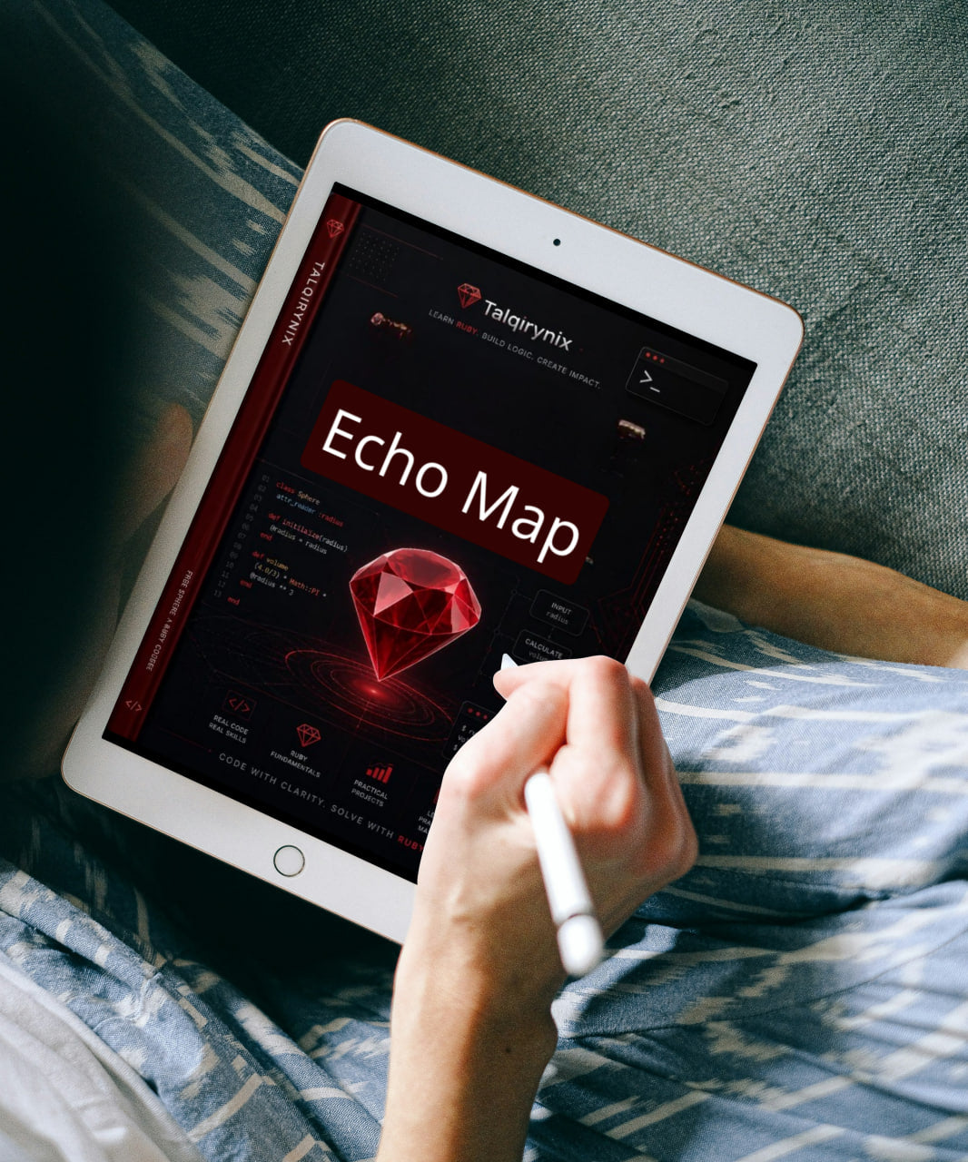 A person holding a white tablet with a stylus, showing the Telarynx Echo Map dashboard on the screen, lying on blue patterned bedding.