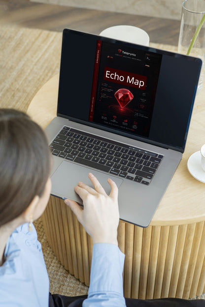 A person in a light blue shirt uses a silver laptop on a round wooden table. The laptop screen displays a dark interface with a red gem icon and the text 'Echo Map'.