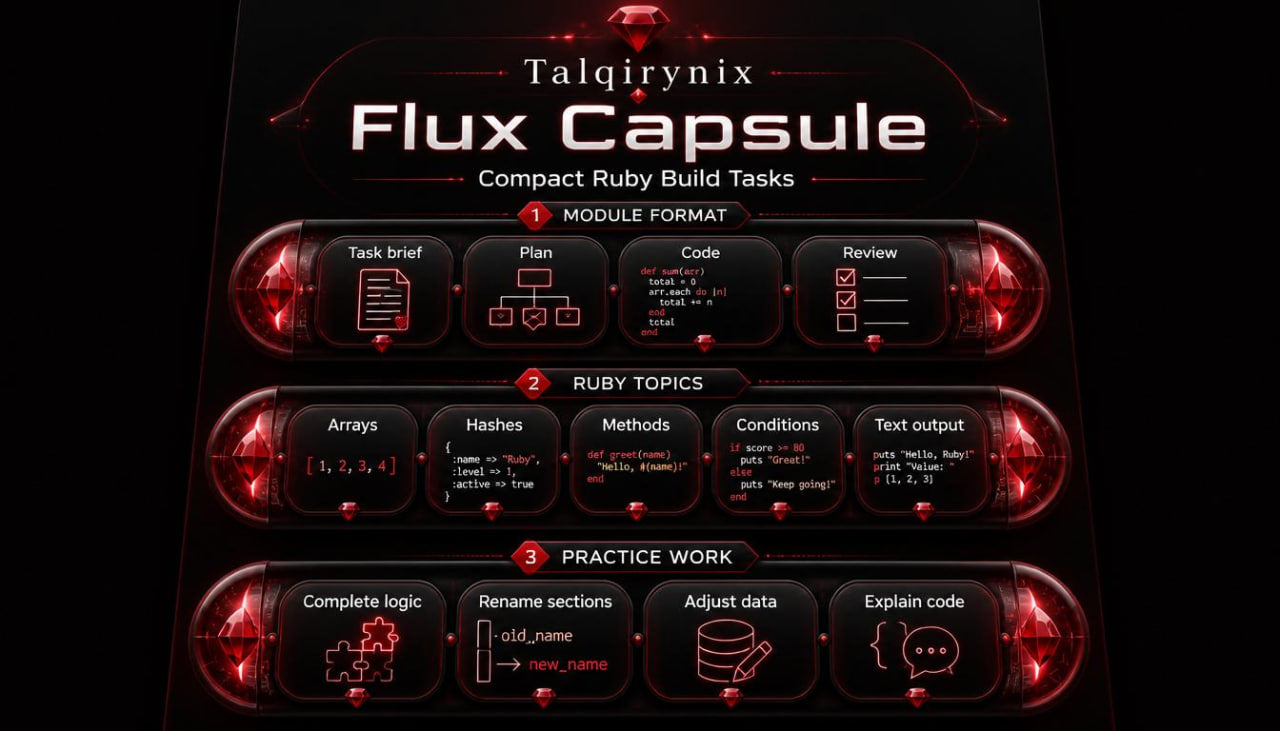 A digital cover graphic for 'Talqirynix Flux Capsule', a compact Ruby build tasks module. The design features a dark black background with glowing red circular segments displaying various coding tasks like 'Task brief', 'Plan', 'Code', 'Review', 'Arrays', 'Hashes', 'Methods', 'Conditions', 'Text output', 'Complete logic', 'Rename sections', 'Adjust data', and 'Explain code'.