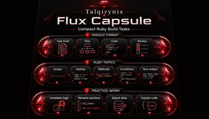 A digital cover graphic for 'Talqirynix Flux Capsule', a compact Ruby build tasks module. The design features a dark black background with glowing red circular segments displaying various coding tasks like 'Task brief', 'Plan', 'Code', 'Review', 'Arrays', 'Hashes', 'Methods', 'Conditions', 'Text output', 'Complete logic', 'Rename sections', 'Adjust data', and 'Explain code'.
