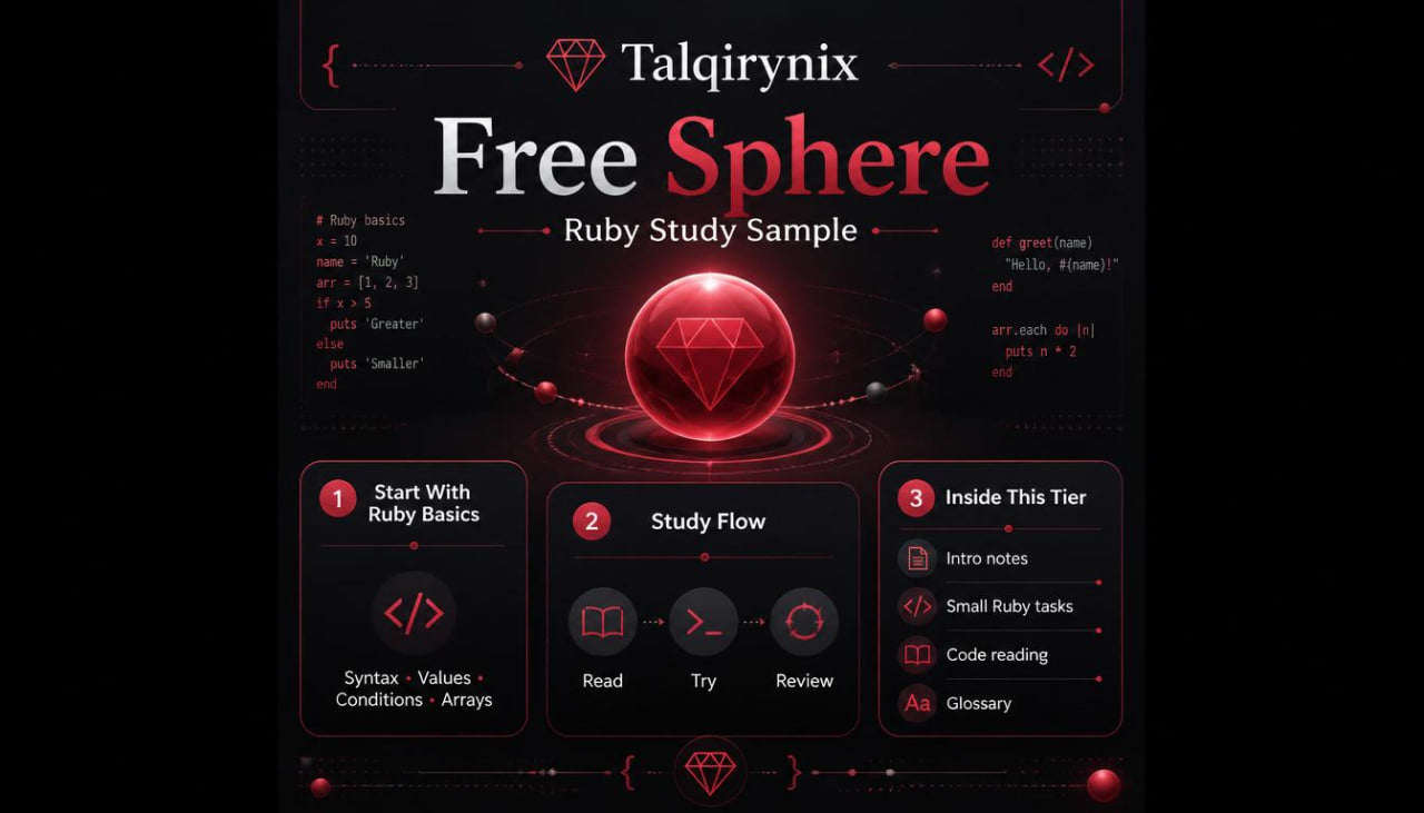 A promotional graphic for 'Talqirynix Free Sphere Ruby Study Sample' featuring a dark theme with a glowing red gemstone at the center and three numbered sections outlining study content.