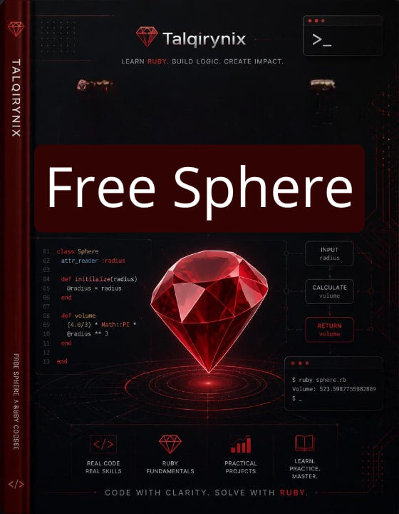A book cover for 'Free Sphere' by Talqirynix, featuring a dark red and black futuristic design with a large 3D red diamond graphic in the center and Ruby code examples.