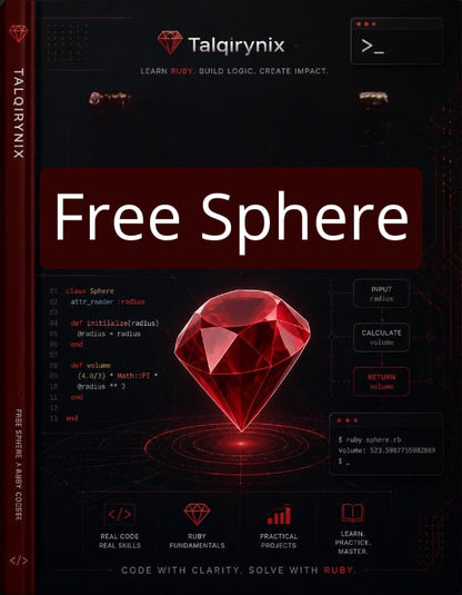 A book cover for 'Free Sphere' by Talqirynix, featuring a dark red and black futuristic design with a large 3D red diamond graphic in the center and Ruby code examples.