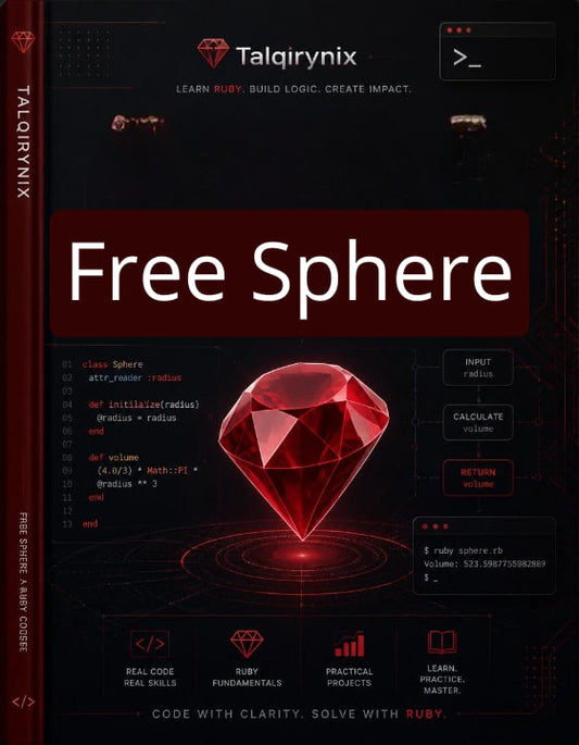 A book cover for 'Free Sphere' by Talqirynix, featuring a dark red and black futuristic design with a large 3D red diamond graphic in the center and Ruby code examples.