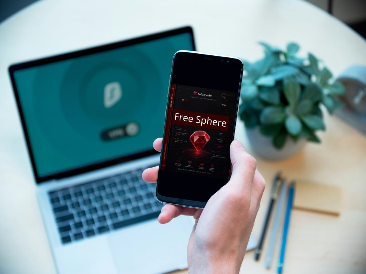 A hand holds a smartphone displaying a digital app interface titled 'Free Sphere' in front of an open laptop on a light-colored desk, with a potted plant and pens in the background.