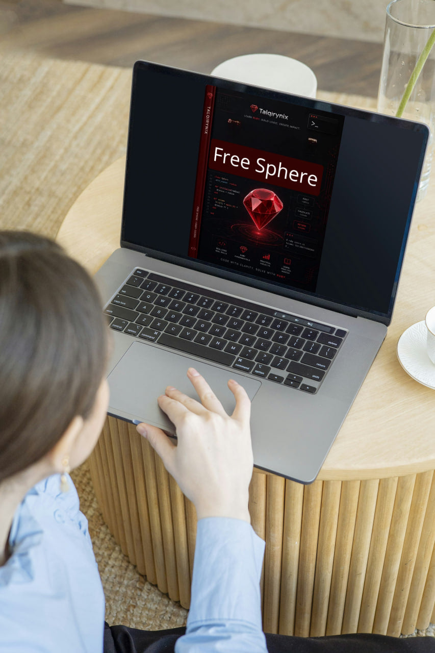 A person in a light blue shirt uses a silver laptop on a round wooden table. The laptop screen displays a digital interface with the text 'Free Sphere' and a red gem graphic.