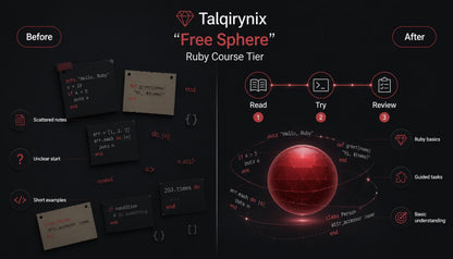 A promotional graphic for the Talqirynix 'Free Sphere' Ruby Course, showing a dark-themed layout with 'Before' and 'After' sections. The left side displays scattered code snippets and notes, while the right side features a glowing red 3D sphere with orbital diagrams, labeled 'Read', 'Try', and 'Review'.