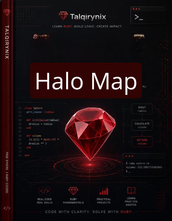 A digital cover for a Ruby logic learning guide titled 'Halo Map' by the brand Talqirynix. The design features a dark, futuristic interface with a large red holographic diamond in the center, red and white code snippets, and a dark red spine on the left.