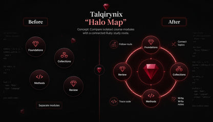 A digital infographic titled 'Taqirynix "Halo Map"' on a black background, comparing a before-and-after Ruby on Rails study guide layout. The left 'Before' side shows scattered course module icons like Foundations, Collections, Methods, and Review.