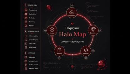 A digital graphic showing a dark-themed study guide or roadmap titled 'Taqiyynix Halo Map' with red glowing circular nodes and icons on a black background.