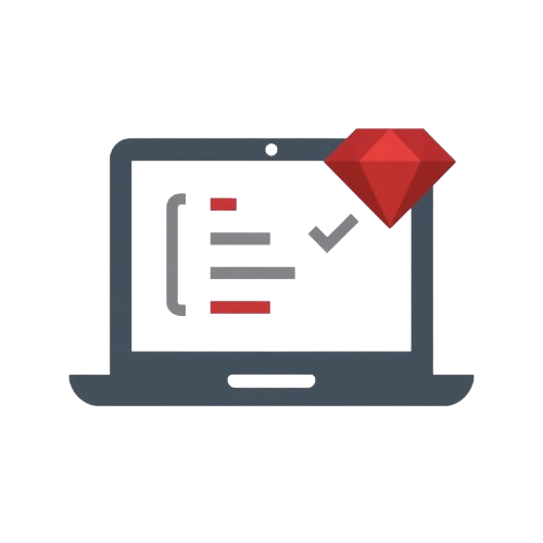 A flat vector icon of a gray laptop with a white screen showing a checklist and a red diamond badge, isolated on a white background.