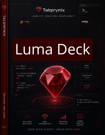 Front cover of the 'Luma Deck' Ruby learning card deck by Talqirynix, featuring a large red gemstone graphic on a dark background with Ruby code snippets and interface elements.
