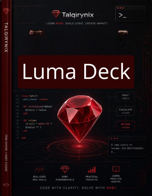 Front cover of the 'Luma Deck' Ruby learning card deck by Talqirynix, featuring a large red gemstone graphic on a dark background with Ruby code snippets and interface elements.