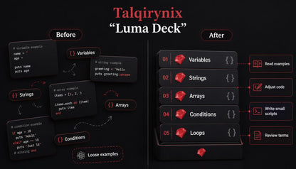 A promotional infographic for the Talqirynix 'Luma Deck' showing a dark-themed 'Before' and 'After' comparison. The left side, labeled 'Before', displays a list of JavaScript programming concepts like Variables, Strings, Arrays, and Loops in dark cards with red accents.