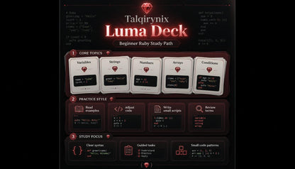 Digital cover graphic for the 'Talqirynix Luma Deck Beginner Ruby Study Path', featuring a dark theme with red and white text and mock card layouts representing Ruby programming concepts.