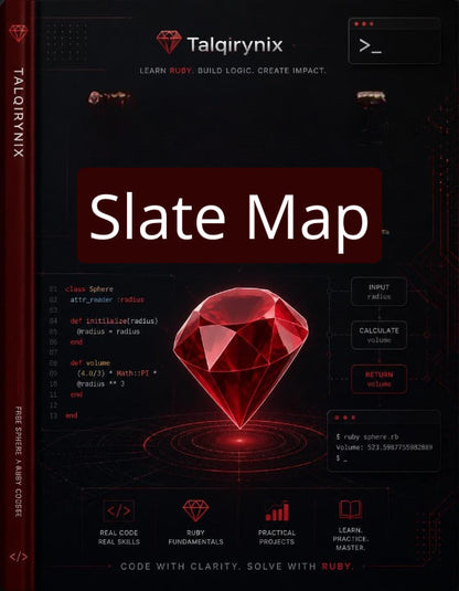 A book cover for 'Slate Map' by Talqirynix, featuring a dark futuristic interface design with a large red gem illustration and Ruby-themed code elements.