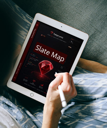 A person holding a white tablet with a stylus, showing a dashboard screen labeled 'Slate Map' on a bed with blue patterned bedding and a gray textured blanket.