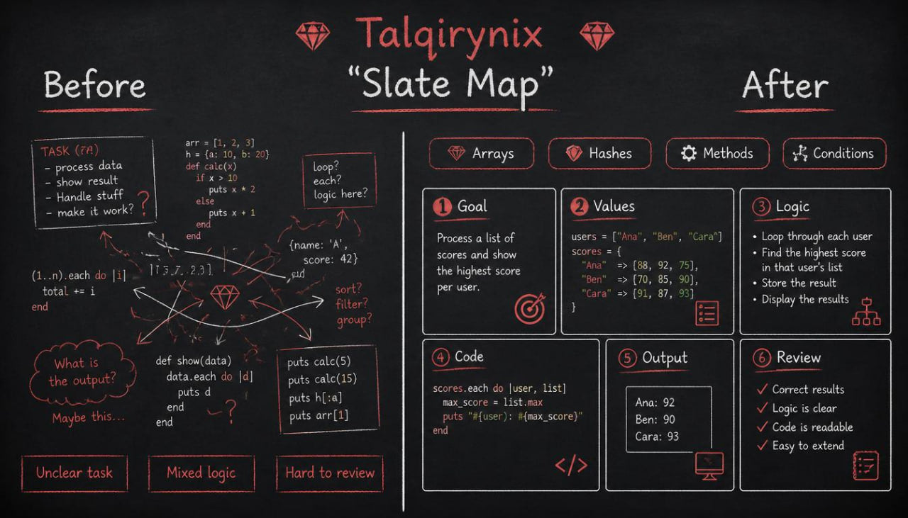 A digital graphic comparing a 'Before' state and 'After' state of a coding concept, titled 'Taqirynix Slate Map'. The left side, labeled 'Before', features a messy, cluttered chalkboard-style layout with various handwritten notes, diagrams, and code snippets.