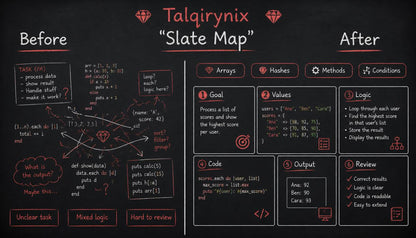 A digital graphic comparing a 'Before' state and 'After' state of a coding concept, titled 'Taqirynix Slate Map'. The left side, labeled 'Before', features a messy, cluttered chalkboard-style layout with various handwritten notes, diagrams, and code snippets.