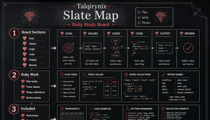 A digital preview of a 'Taqalynix Slate Map Ruby Study Board' template, presented as a dark-themed board layout with sections for Goal, Values, Logic, Code, Output, Review, Plan Tasks, Trace Values, and Code Examples.
