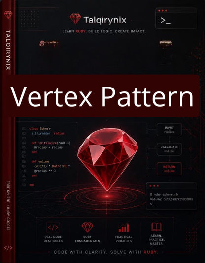 Front cover of the book 'Vertex Pattern' by Talqirynix, featuring a large red gem graphic on a dark digital interface background with Ruby code snippets and the title in bold white text.