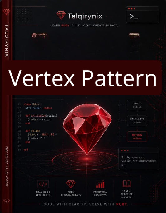 Front cover of the book 'Vertex Pattern' by Talqirynix, featuring a large red gem graphic on a dark digital interface background with Ruby code snippets and the title in bold white text.