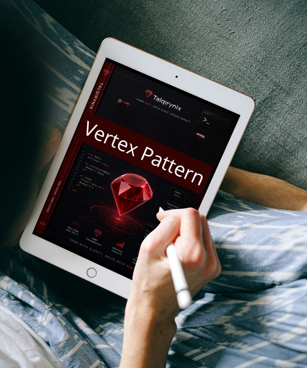 A person lying in bed using a white tablet with a stylus, showing a dashboard screen with the text 'Vertex Pattern' and a red gem graphic. The tablet is placed on blue patterned bedding against a dark gray couch.