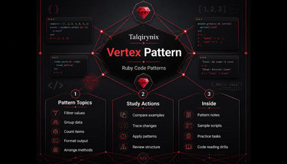 A dark promotional graphic for a Ruby code patterns course titled 'Vertex Pattern' by Talqiryqin. The design features a black background with red glowing lines, hexagonal panels, and red gem icons, outlining study topics, actions, and an inside look of the course.